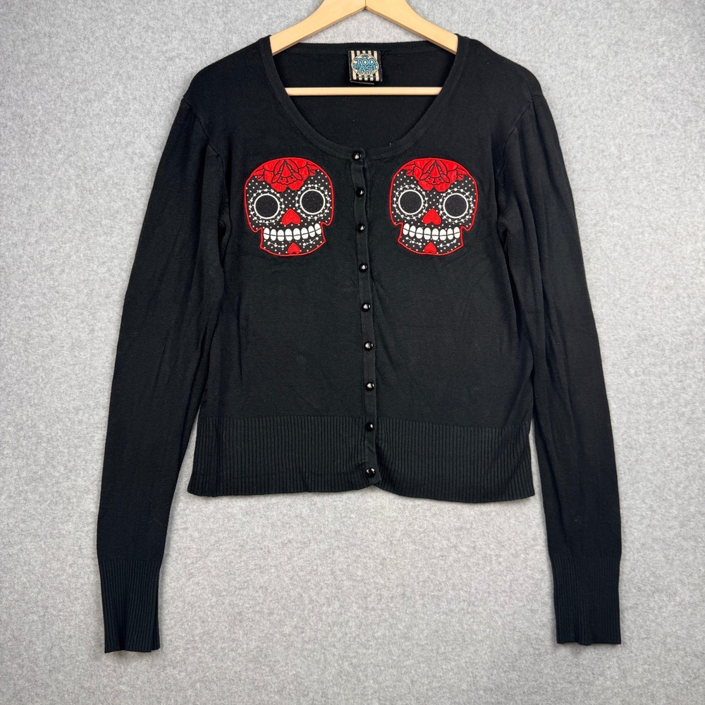 Too Fast Brand Cardigan‎ Womens Large Black Sugar Skull Rockabilly Cirque Goth